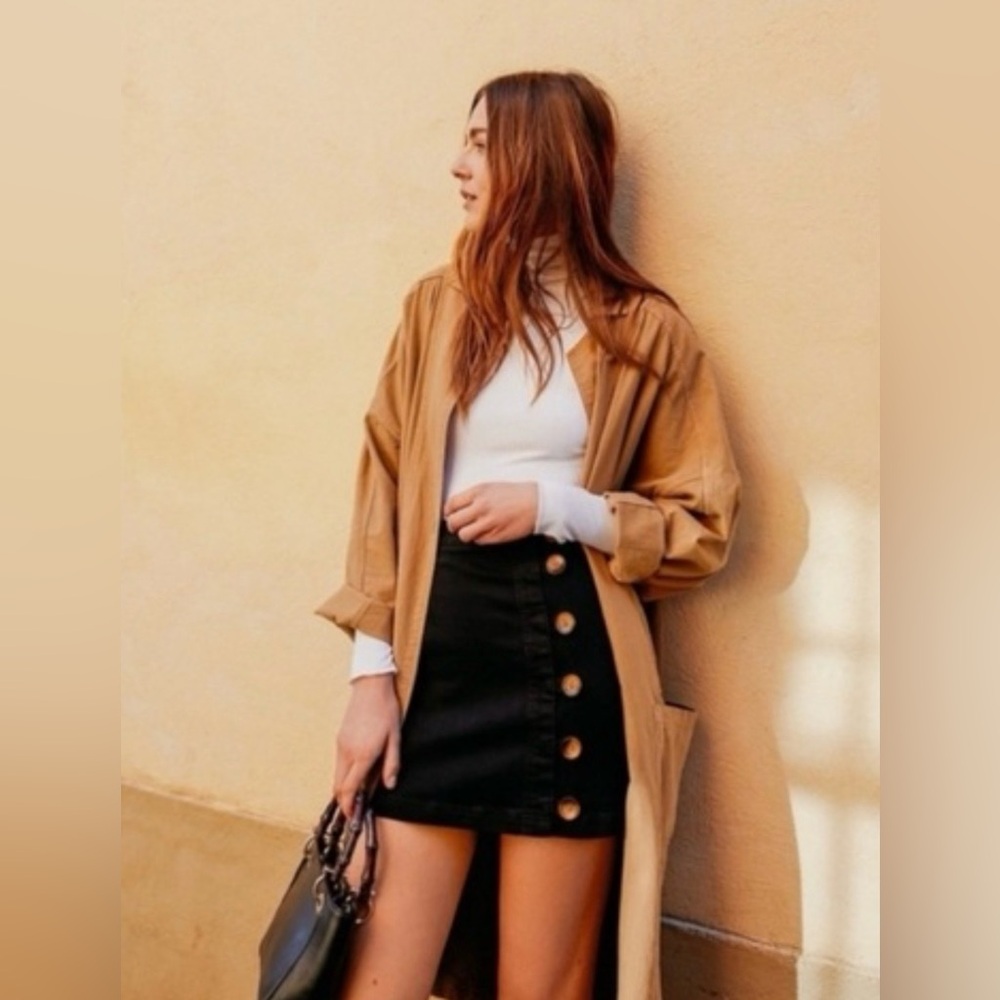 Free People Little Daisies Black Button Front Denim Mini Skirt Preppy Academia